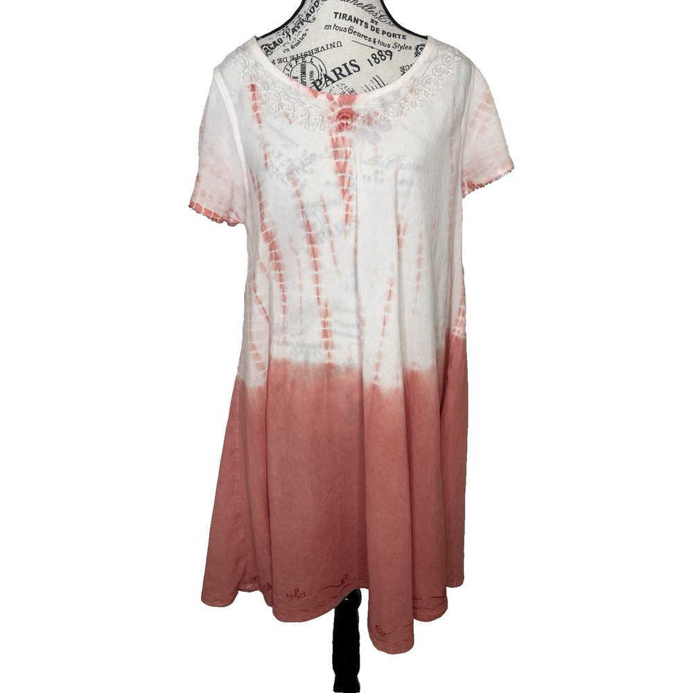 Island Beach Coverup Dress L/XL Peach & White Embroidery Short Sleeves Beach
